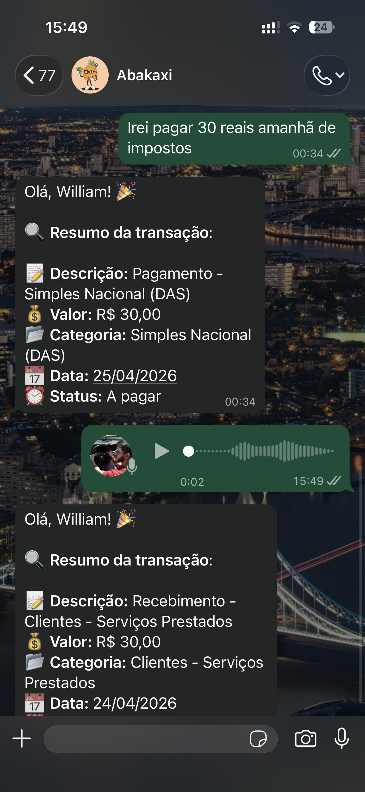 Exemplo de conversa com a IA